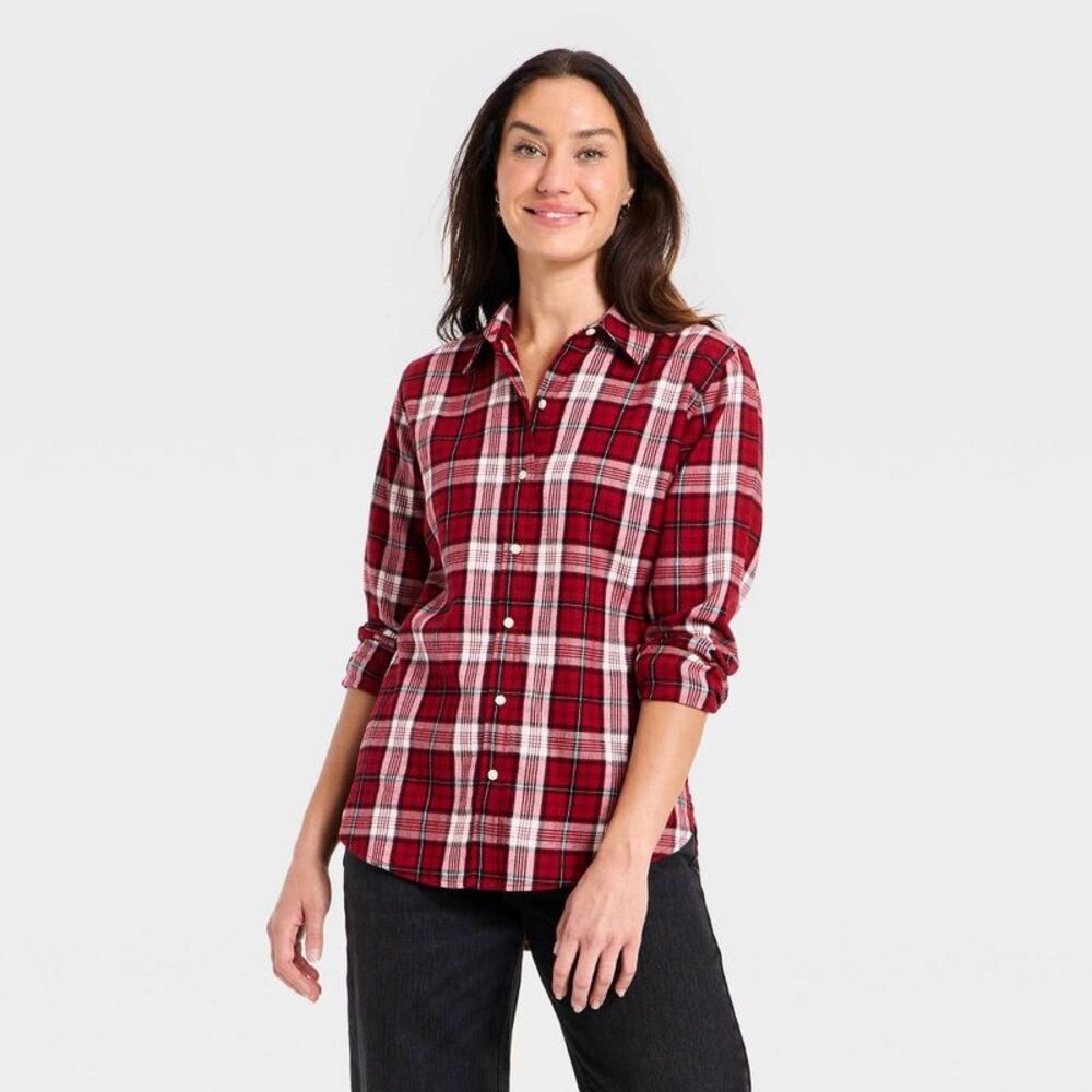 Women's Long Sleeve Collared Flannel Button-Down Shirt - Red Plaid XL